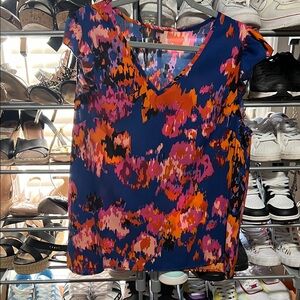 V-Neck Cap Sleeve Blouse - Navy Multi